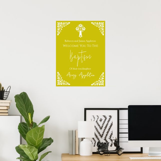 Välkomstaffisch Blommig Kors Dopfest Gul Poster (Hemmakontoret)