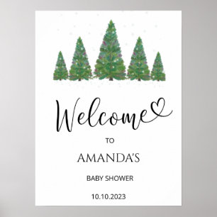 Välkomstaffisch för baby shower med städsegröna tr poster