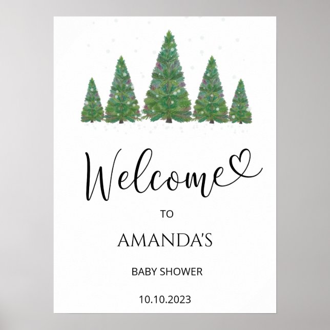 Välkomstaffisch för baby shower med städsegröna tr poster (Framsidan)