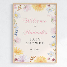 Välkomstaffisch för baby shower med vilda blommor
