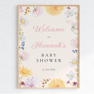 Välkomstaffisch för baby shower med vilda blommor poster