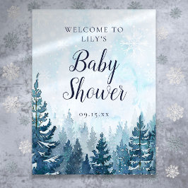 Välkomstaffisch för baby shower med vintergranskog poster