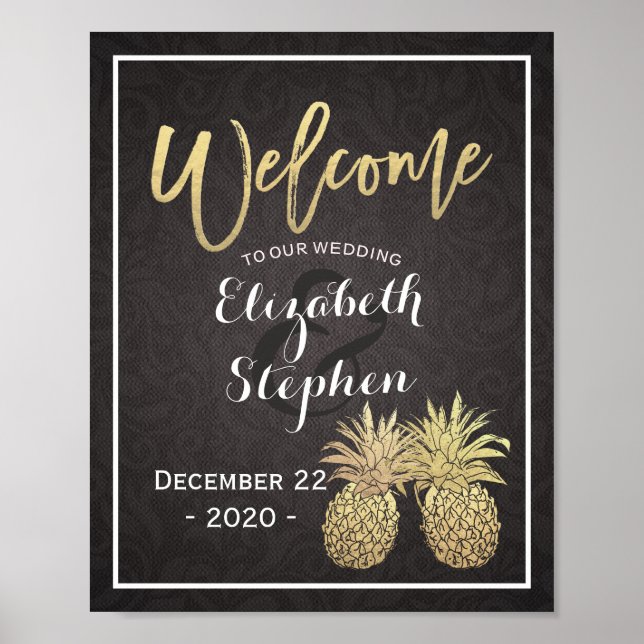 Välkomstaffisch för bröllop Svart Guld Pineapple P Poster (Framsidan)