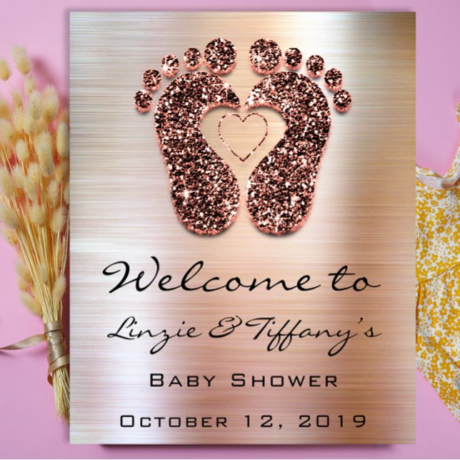 Välkomstaffisch Rosa Fötter Barnkalas Glitter Poster (Welcome Poster Rose Feet Baby Shower Glitter)