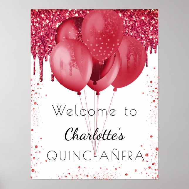 Välkomstballonger från Quinceanera White Red glitt Poster (Framsidan)