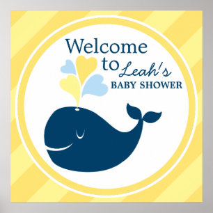 Välkomstblått och Gult för Whale Baby Shower Poster