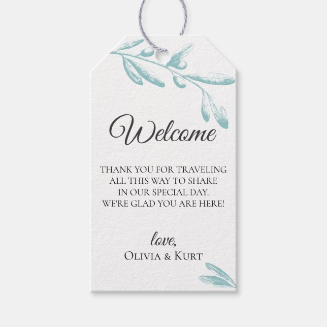 Välkomstblocket Muted Olive Grenar Bröllop Presentetikett (Framsidan)