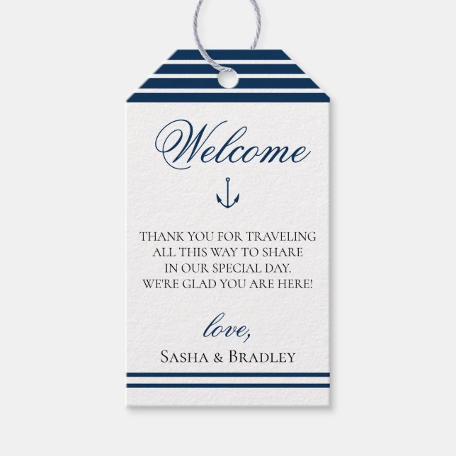 Välkomstblocket Preppy Chic Nautical Navy Bröllop Presentetikett (Framsidan)