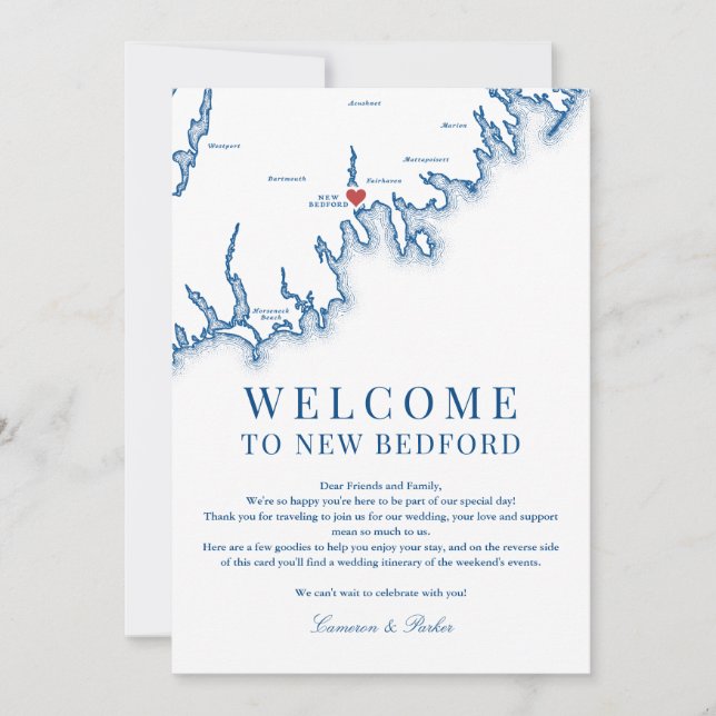 Välkomstbrev för bröllop i New Bedford MA, marinbl Tack Kort (Framsida)