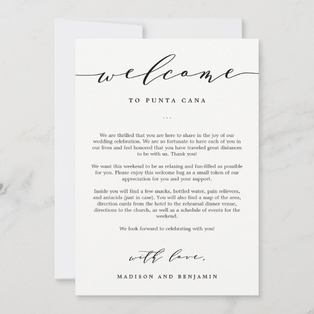 Välkomstbrev och reseplan Bröllops välkomstpresent (Framsida)