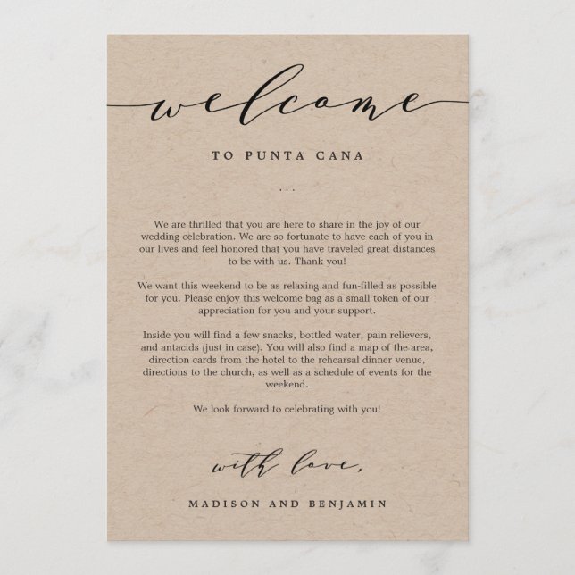 Välkomstbrev och resplan Bröllop Välkomstpresent Program (Framsida)