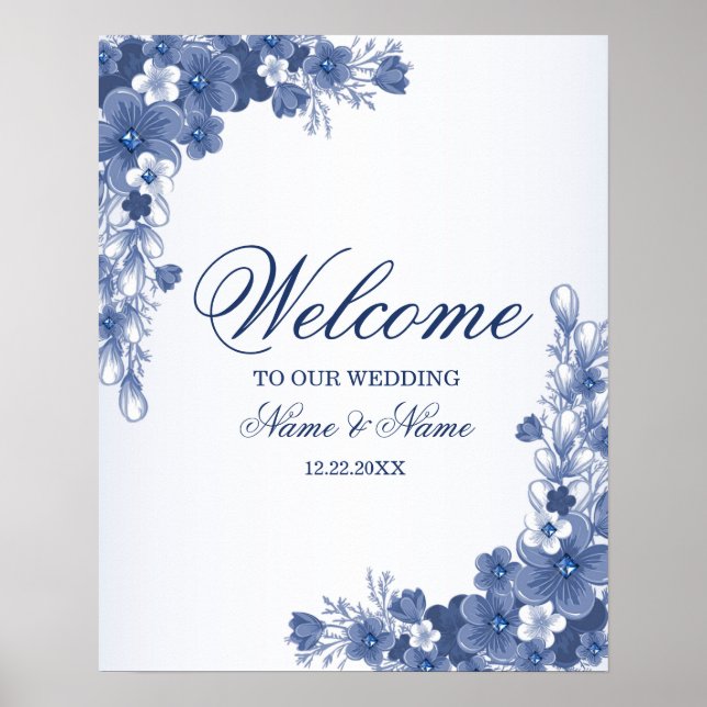 VälkomstBröllopsfestens Blommigt Blue Rustic Elega Poster (Framsidan)