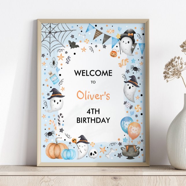 Välkomstdag för Spooky Boo Blue Halloween Ghost Bi Poster (Skapare uppladdad)