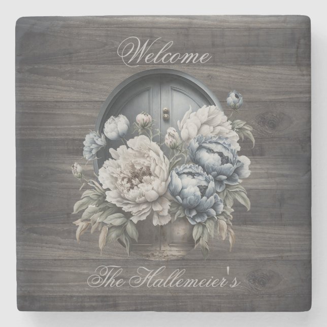 Välkomstdörr på Barnwood med Blue & White Peonies Stenunderlägg (Framsidan)