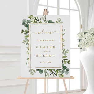 Välkomstecken för Botaniskt Guld Greenery Bröllop Poster