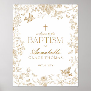Välkomstecken för guld Toile De Jouy Blommigt Bapt Poster