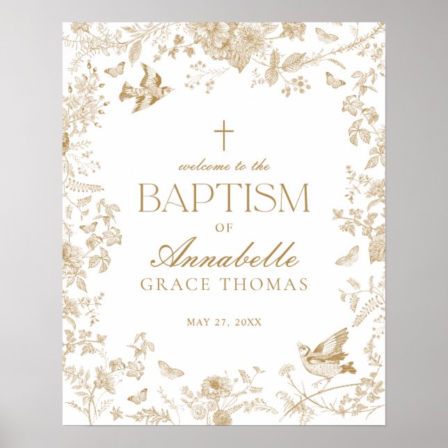 Välkomstecken för guld Toile De Jouy Blommigt Bapt Poster (Framsidan)