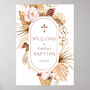 Välkomstecken för rosa ros Pampas Grass Handflatan Poster