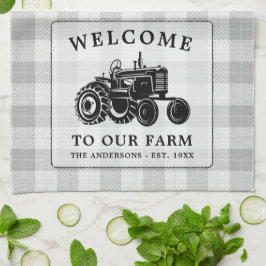 Välkomstfamiljens Namn Farm Tractor White Play Kökshandduk