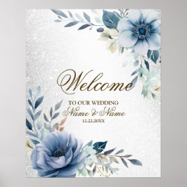 Välkomstfest Dusty Blue Akvarell Blommor Silver Poster
