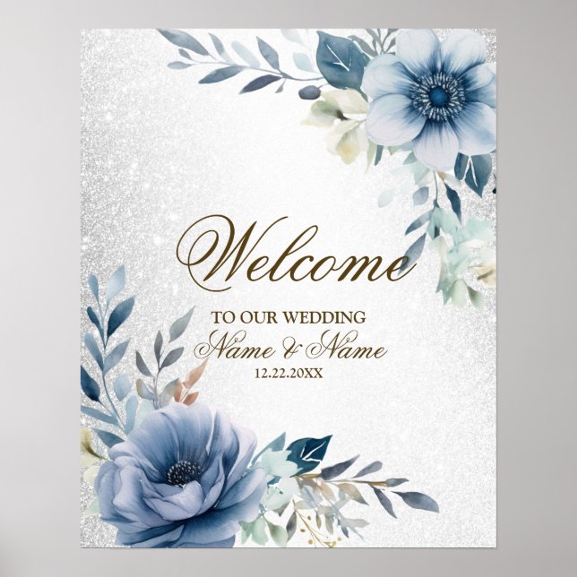 Välkomstfest Dusty Blue Akvarell Blommor Silver Poster (Framsidan)