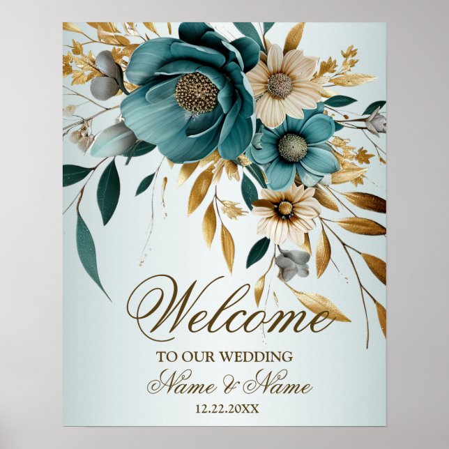 Välkomstfest Turkos Vit Blomma Gyllene Löv Poster (Framsidan)