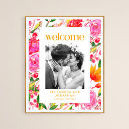 Välkomstfoto för färgad Rosa Orange Blommigt Bröll Poster