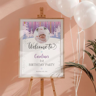 Välkomstfoto för lila Blue Winter First Birthday Poster