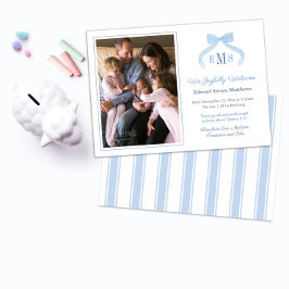 Välkomstfoto för Monogram Blue Bow Pojke Meddelande