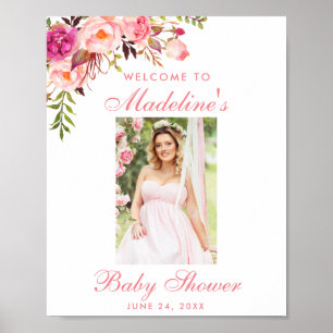 Välkomstfoto för rosa Blommigt Baby Shower Poster