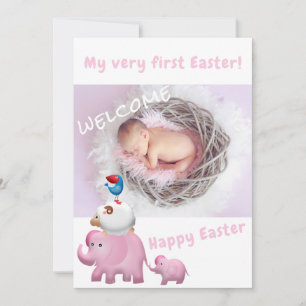 Välkomstfoto från Cute Rosa Elephant Påsk Baby Meddelande