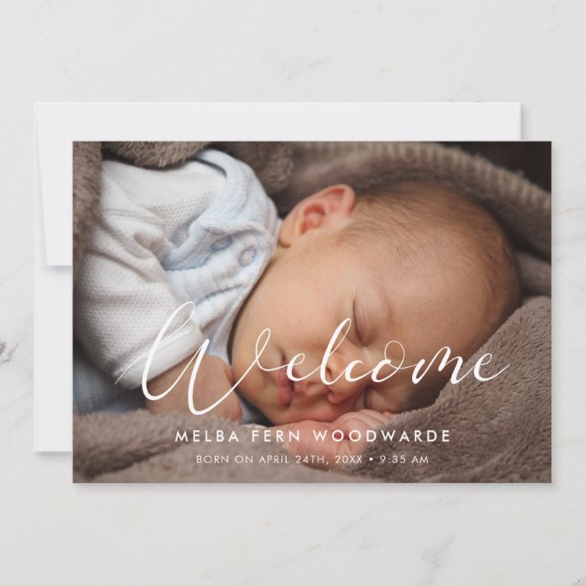 Välkomstfotot för elegant calligraphy Welcome baby Meddelande (Framsida)