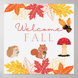 Välkomsthälsa Fall Cute Forest Animals och Löv Poster