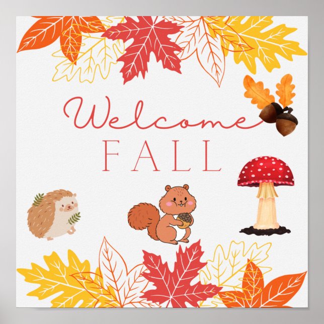 Välkomsthälsa Fall Cute Forest Animals och Löv Poster (Framsidan)