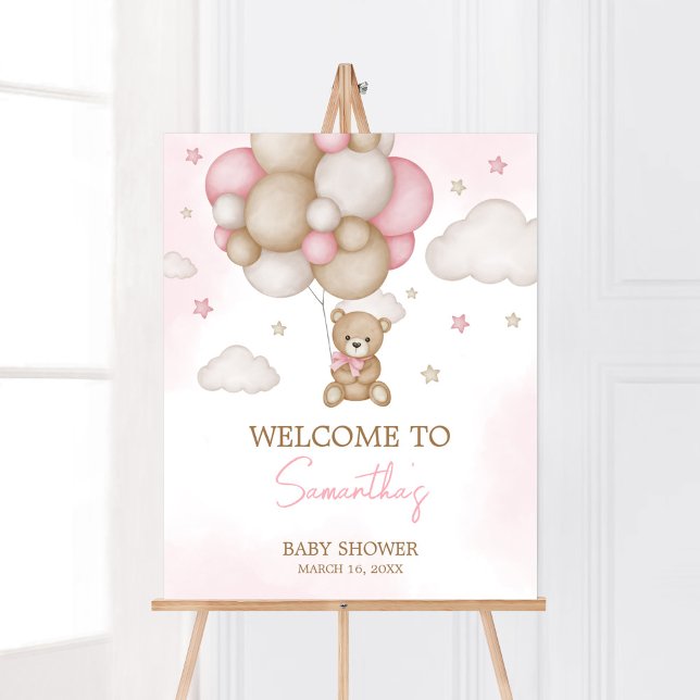 Välkomsthälsa för babybabyskor i björnbjörn poster (Pink Boho Bear Balloon Baby Shower Welcome Sign)