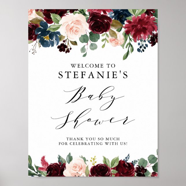 Välkomsthälsa för Burgundy & Blue Blommigt Garland Poster (Framsidan)