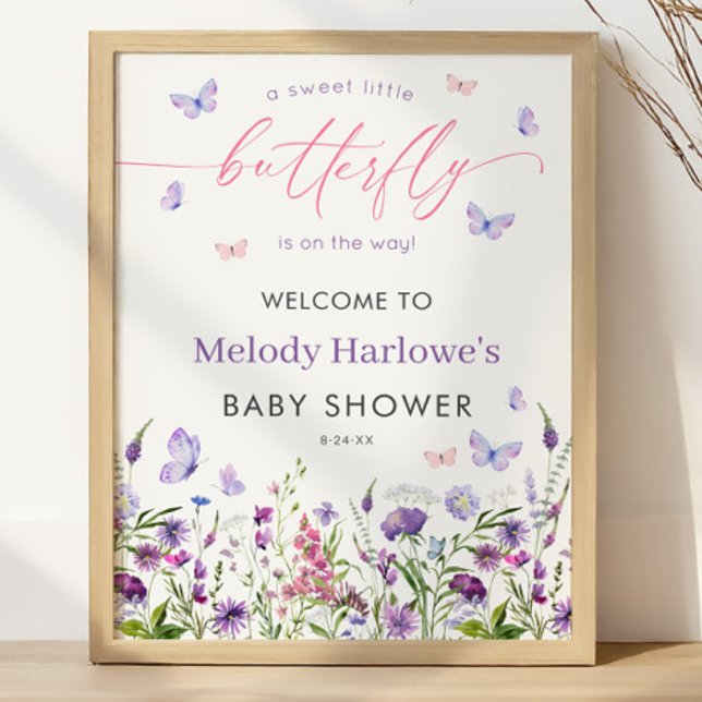 Välkomsthälsa för Butterfly Wildblomma Baby Shower Poster (Butterfly Wildflower Baby Shower 18x24 Welcome Poster)