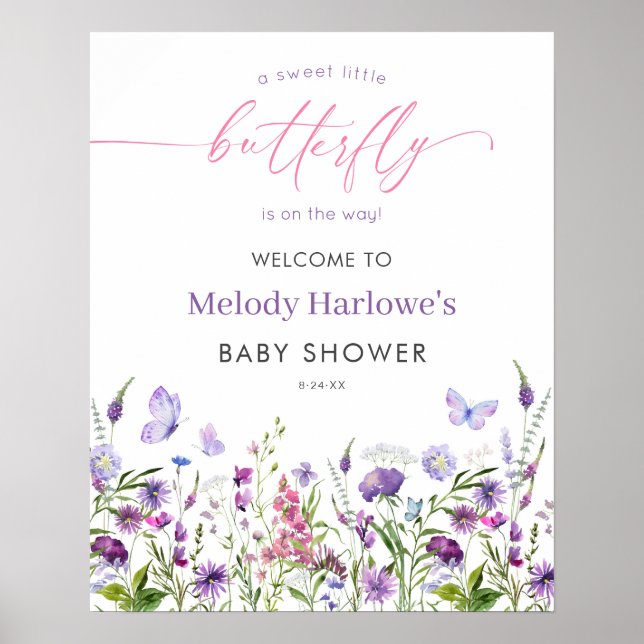 Välkomsthälsa för Butterfly Wildblomma Baby Shower Poster (Framsidan)