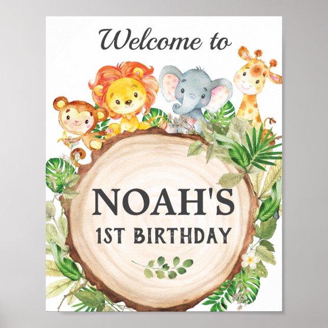 Välkomsthälsa för Cute Jungle Animals Birthday Bab Poster (Framsidan)