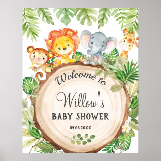 Välkomsthälsa för Cute Jungle Animals Birthday Bab Poster (Framsidan)
