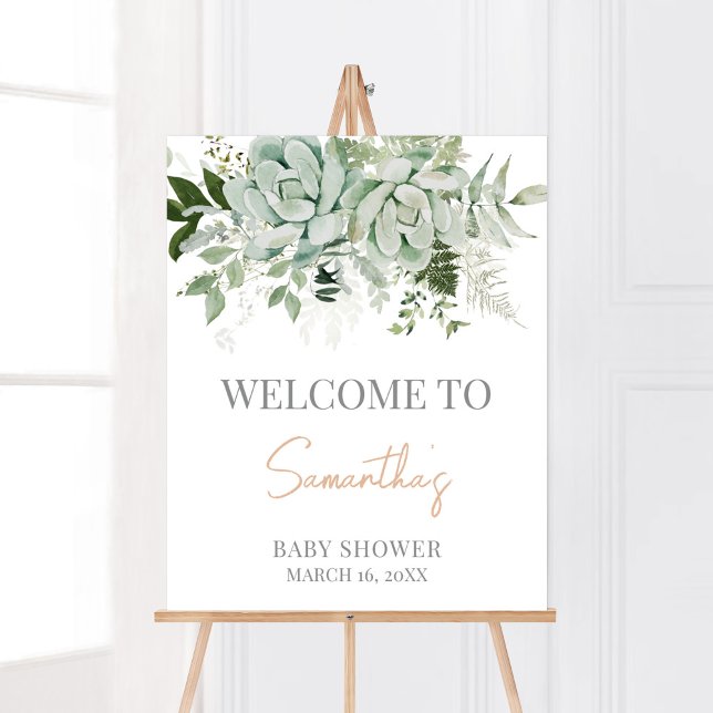 Välkomsthälsa för Grey Succulents Baby Shower Poster (Succulent Gender Neutral Baby Shower Welcome Sign)
