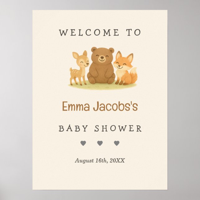 Välkomsthälsa för Woodland Animals Baby Shower Poster (Framsidan)
