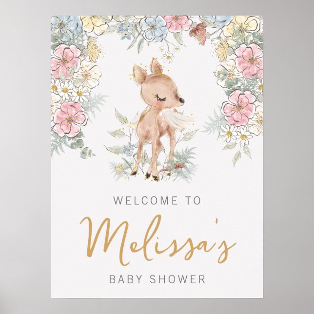 Välkomsthälsa för Woodland Hjort Blommigt Baby Sho Poster (Framsidan)