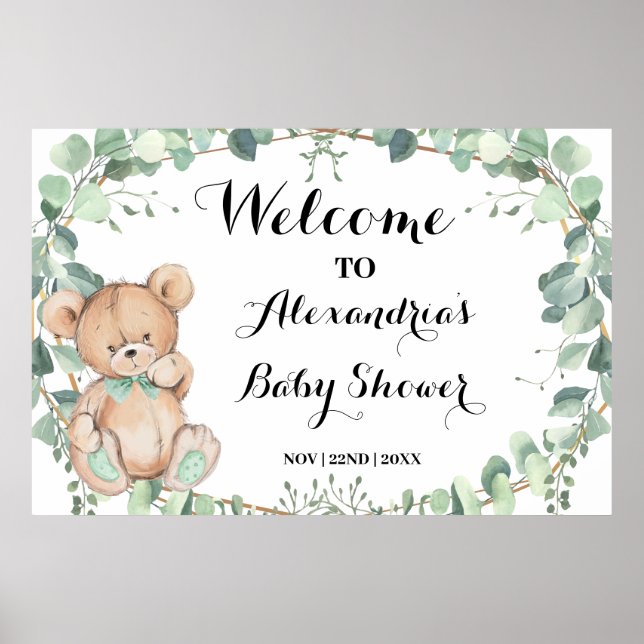 Välkomsthälsa Grey Bear Guld Baby Shower Poster (Framsidan)