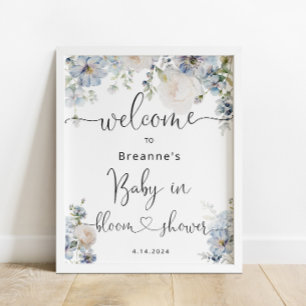 Välkomsthälsa om blått Blommigt, babykläder Poster