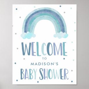 Välkomsthälsa om blått vattenfärgsregnbåge, babykl poster
