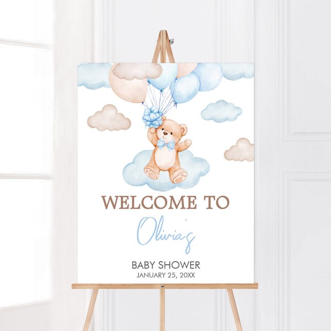 Välkomsthälsa om Blue Baby Bear Balloon Baby Showe Poster (Blue Bear Balloon Baby Shower Welcome Sign)