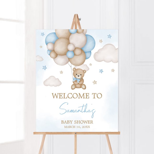 Välkomsthälsa om Blue Bear Balloon Baby Shower Poster (Teddy Bear Balloon Baby Shower Welcome Sign)