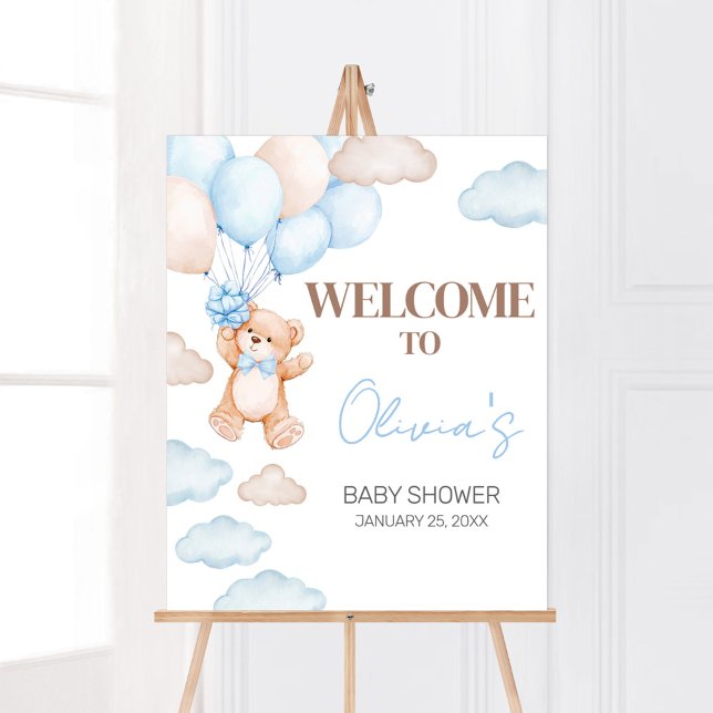 Välkomsthälsa om Blue Bear Balloon Baby Shower Poster (Blue Baby Bear Balloon Baby Shower Welcome Sign)
