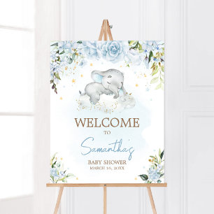 Välkomsthälsa om Blue Blommigt Elephant Baby Showe Poster